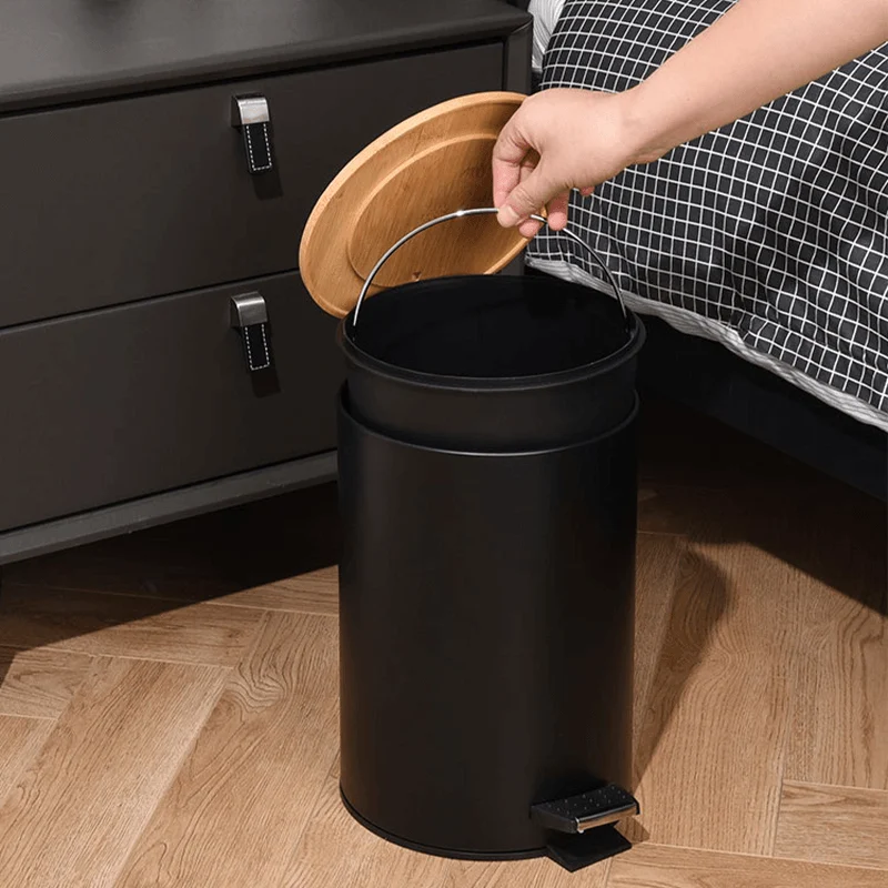 Double Layer Step Trash Can with Bamboo Lid -Bathlova