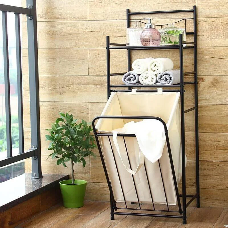 Double-Layer Storage Rack with Pull-down Laundry Hamper -Bathlova