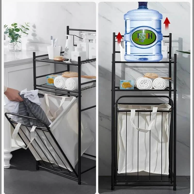 Double-Layer Storage Rack with Pull-down Laundry Hamper -Bathlova