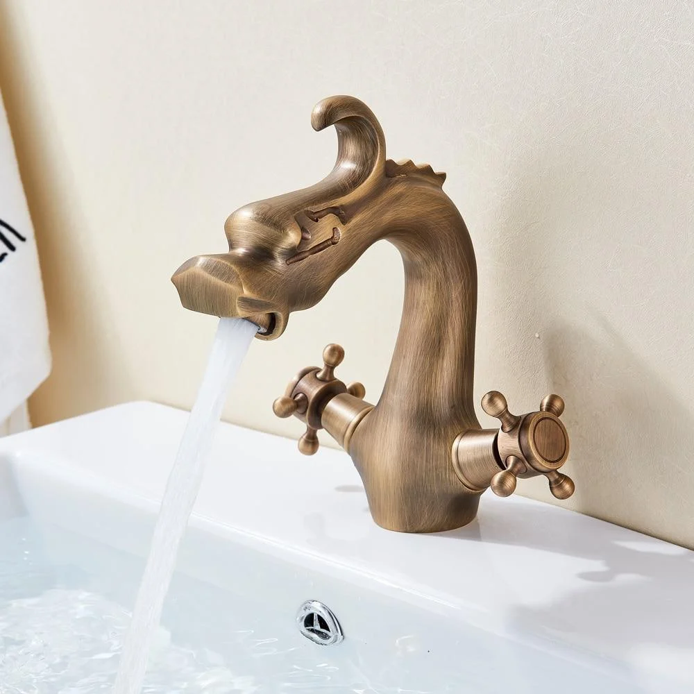 Dragon Shaped Deck Mounted Zinc Alloy Basin Tap Dual Handle -Bathlova