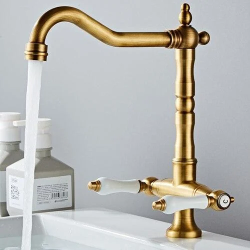 Dual Handle Single Hole Rotatable Water Tap Kitchen Brass Tap -Bathlova