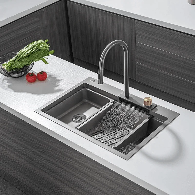 Farmhouse Black Waterfall Stainless Steel Kitchen Sink with Pull down Tap -Bathlova