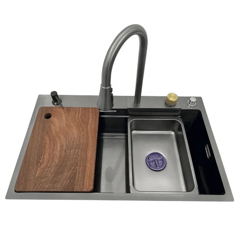 Farmhouse Black Waterfall Stainless Steel Kitchen Sink with Pull down Tap -Bathlova