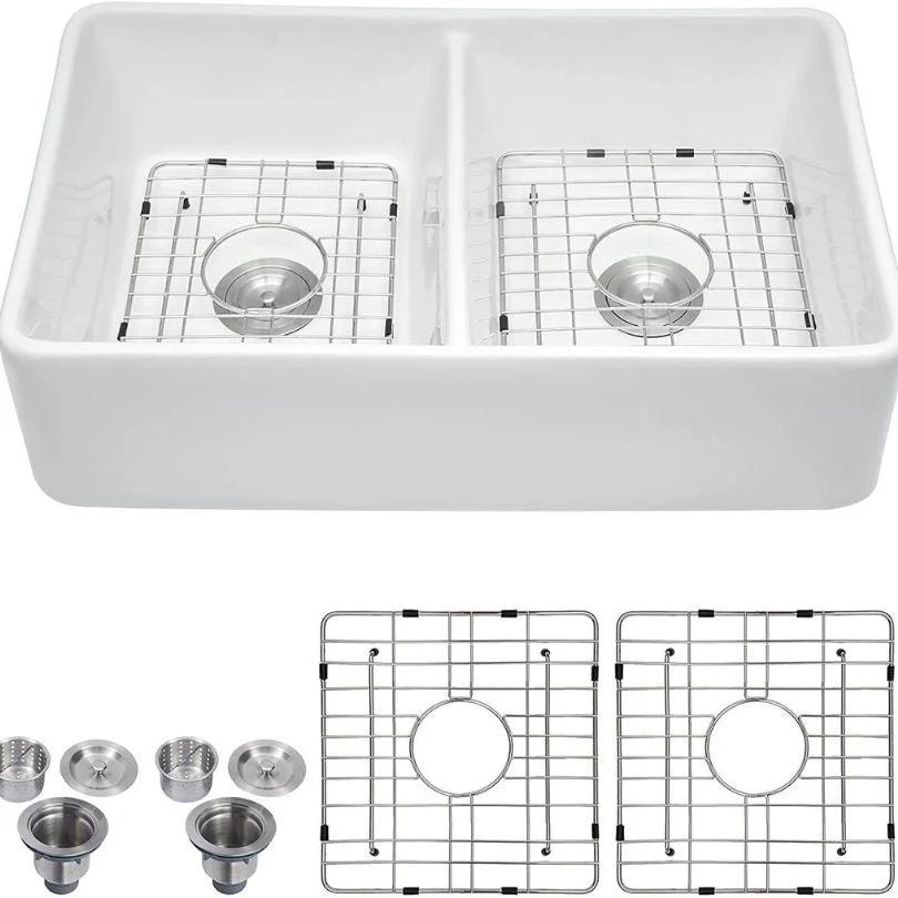 Farmhouse White Double Basin Kitchen Sink with Strainer -Bathlova