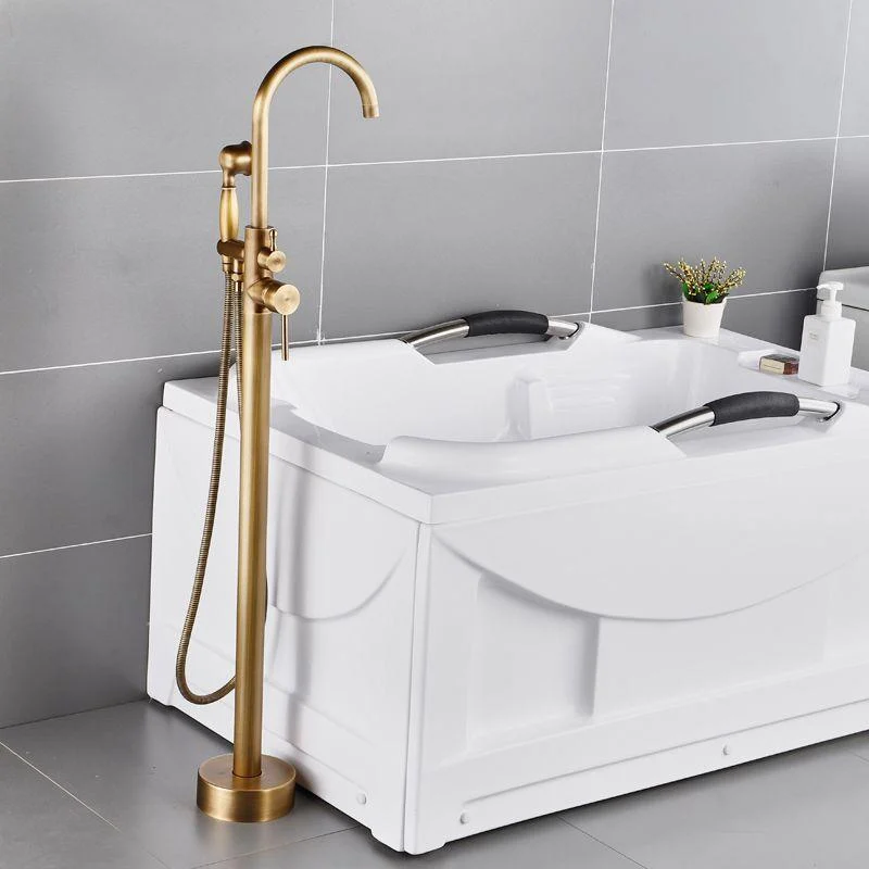 Floor Mounted Copper Bathroom Tub Tap Set Freestanding High Arc Tub Filler Trim -Bathlova