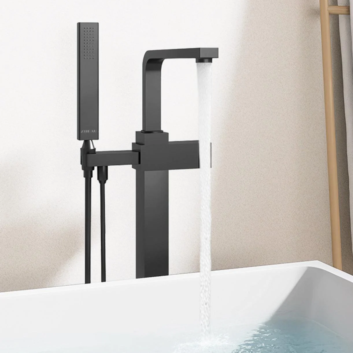 Floor Mounted Copper Freestanding Tub Filler High Arc Tub Filler Trim with Hand Shower -Bathlova