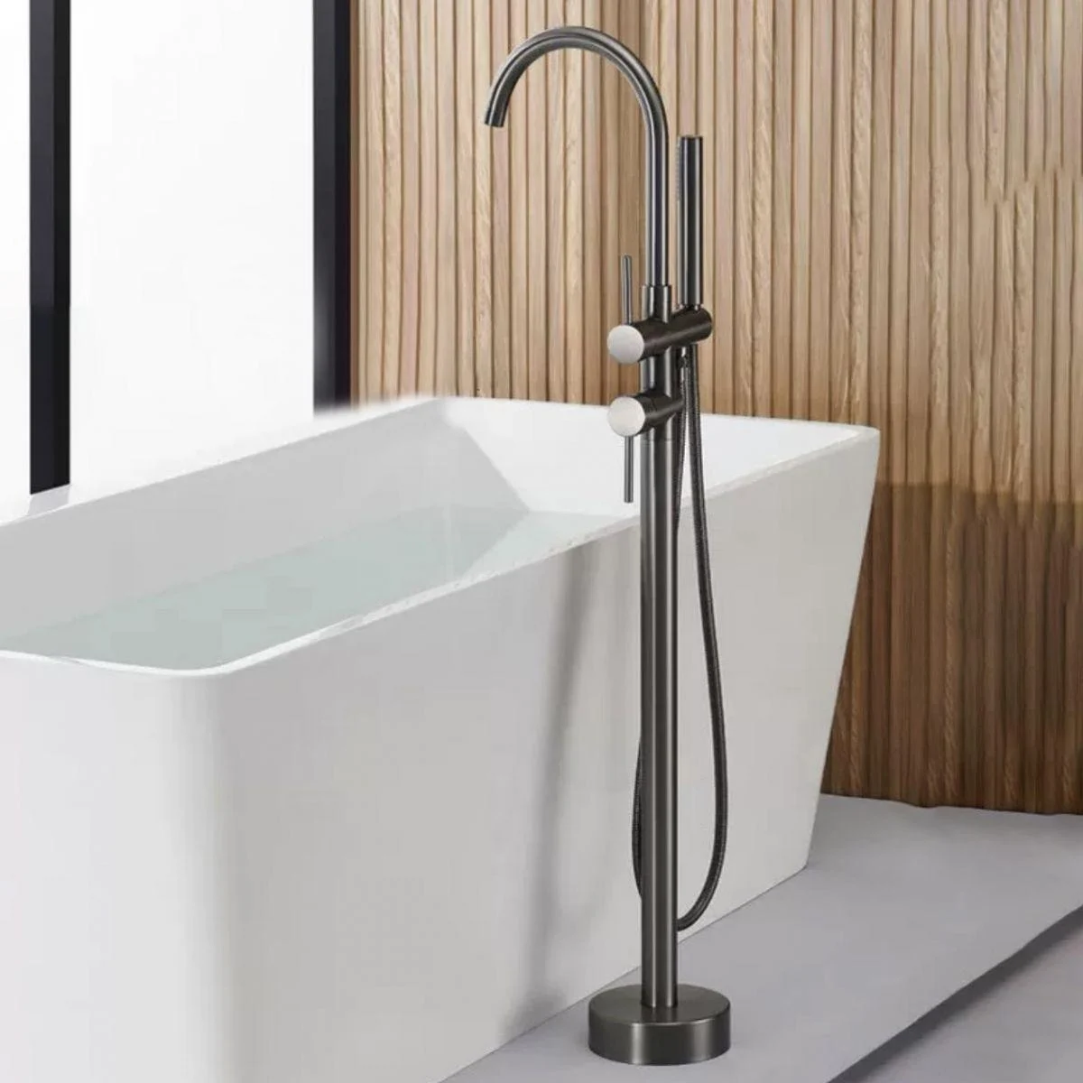 Floor Mounted Copper Freestanding Tub Filler Simple High Arc Freestanding Tub Filler Trim -Bathlova