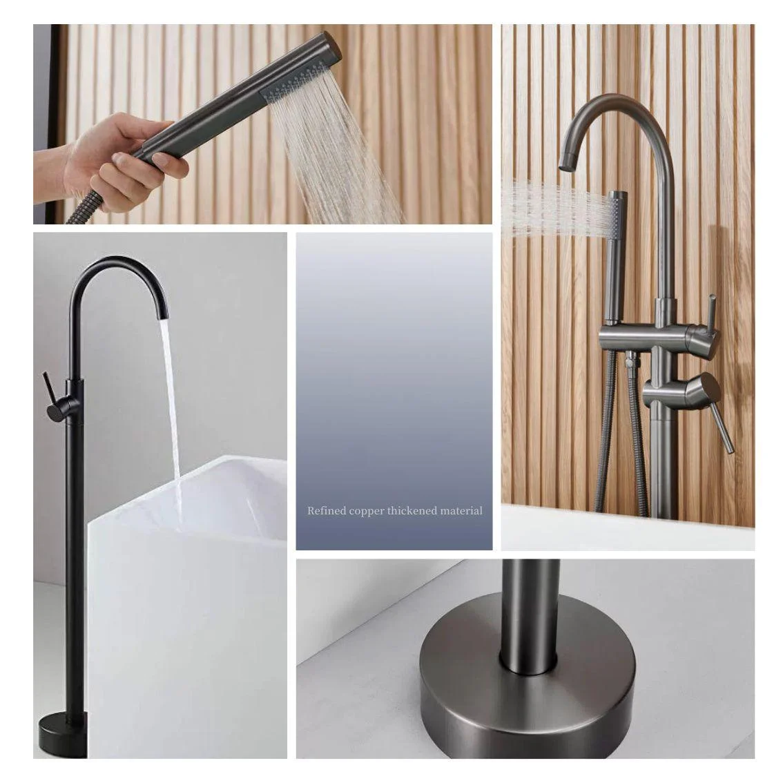 Floor Mounted Copper Freestanding Tub Filler Simple High Arc Freestanding Tub Filler Trim -Bathlova