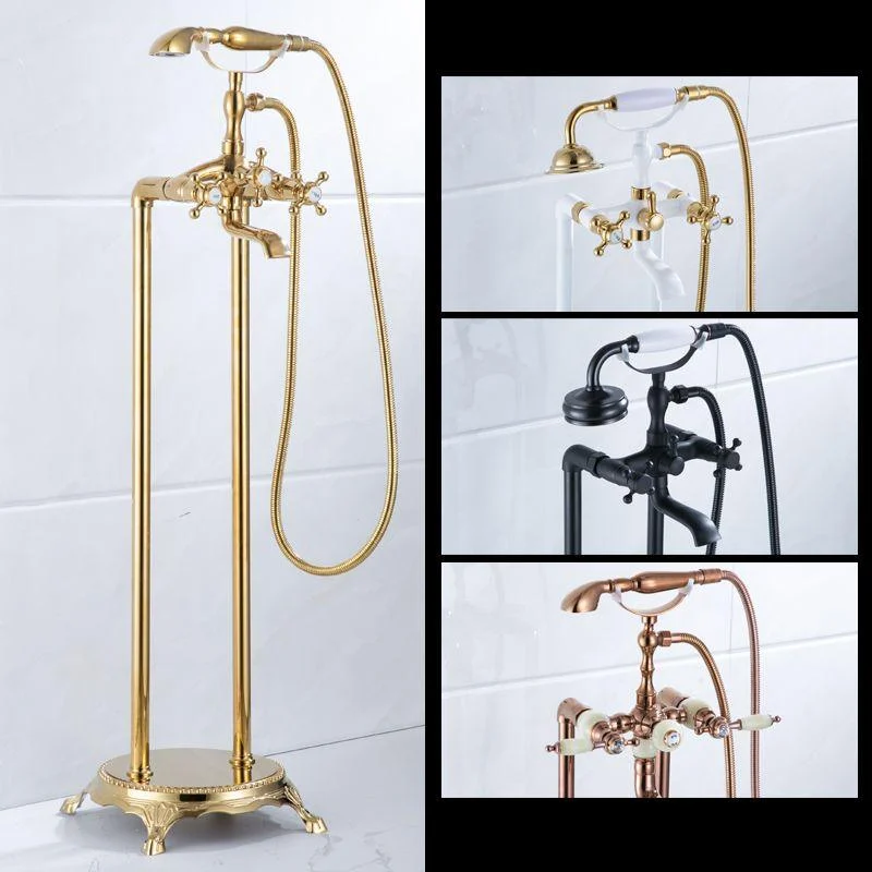 Floor Mounted Metal Clawfoot Tub Tap Double Handles Freestanding Bathtub Tap -Bathlova