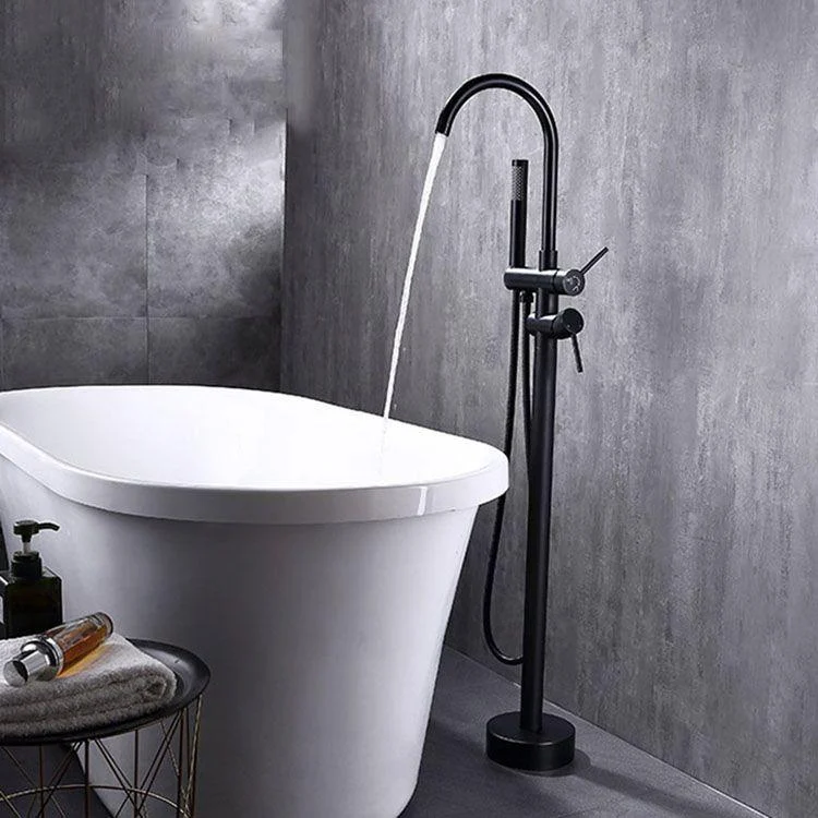 Floor Mounted Metal Freestanding Tub Filler Double Handles Freestanding Tap with Hose -Bathlova