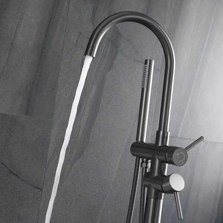 Floor Mounted Metal Freestanding Tub Filler Double Handles Freestanding Tap with Hose -Bathlova