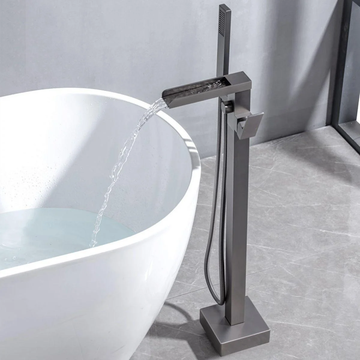 Floor Mounted Metal Freestanding Tub Filler One Handle Waterfall Freestanding Tap -Bathlova