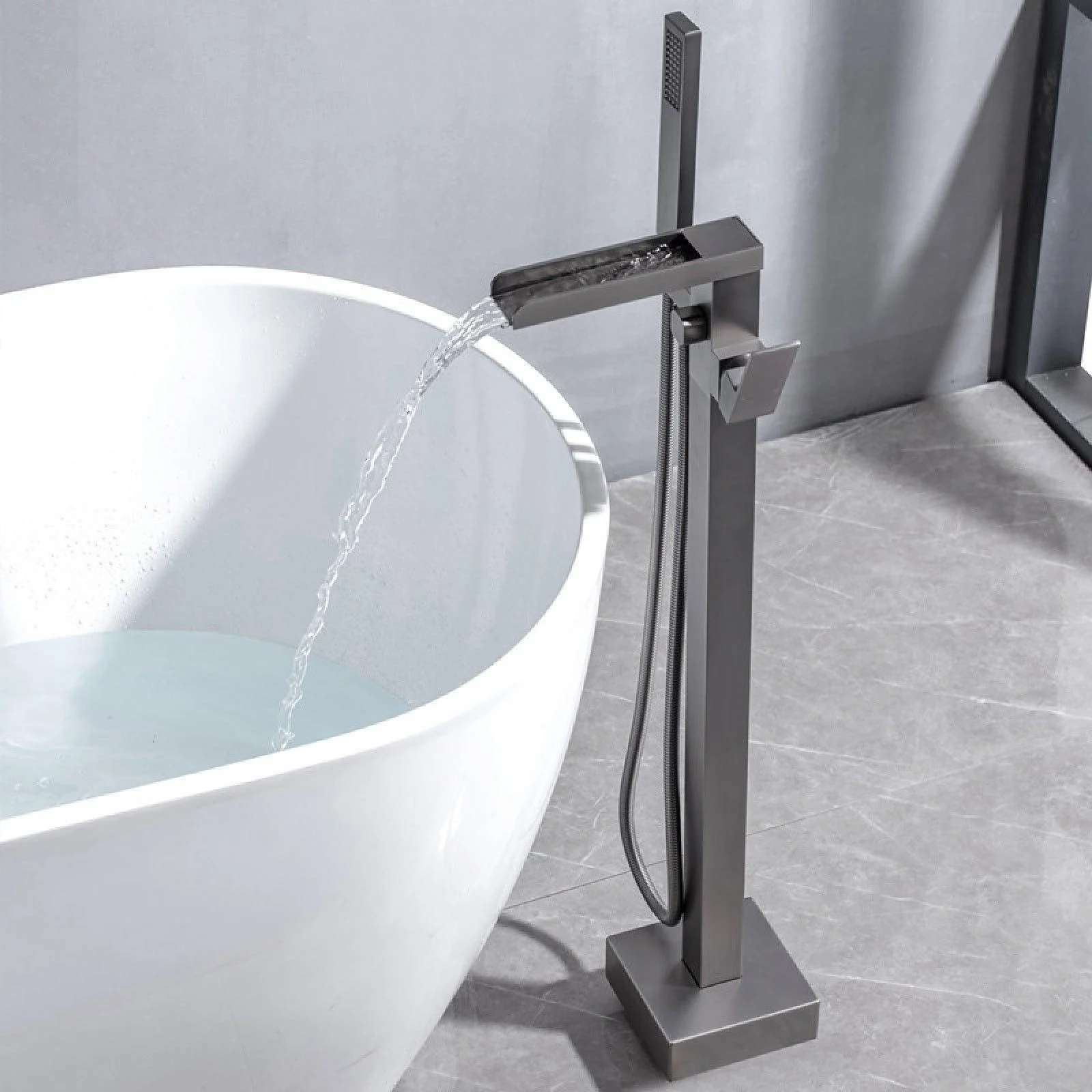 Floor Mounted Metal Freestanding Tub Filler One Handle Waterfall Freestanding Tap -Bathlova