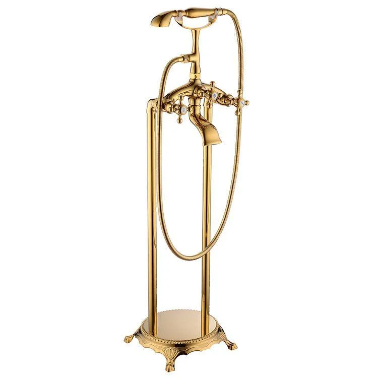 Floor Mounted Tub Spout 3 Handles Traditional Freestanding Tub Filler in Gold -Bathlova