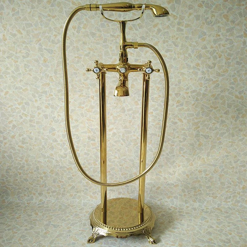 Floor Mounted Tub Spout 3 Handles Traditional Freestanding Tub Filler in Gold -Bathlova