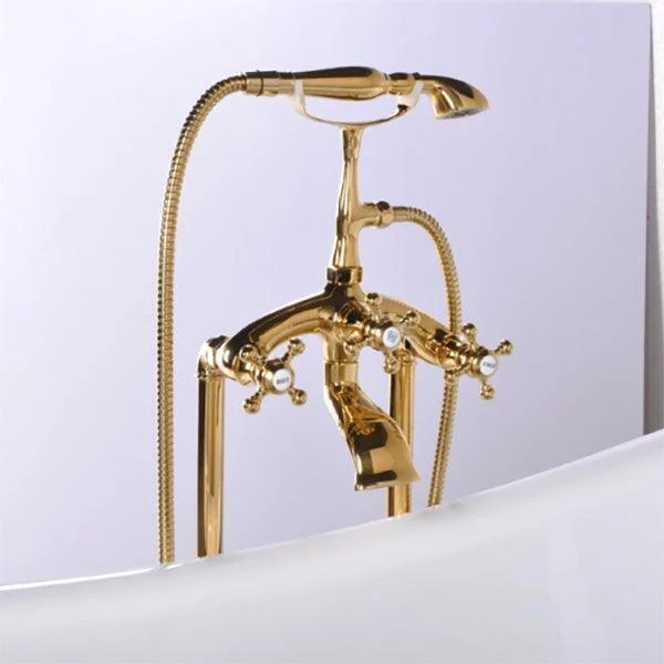 Floor Mounted Tub Spout 3 Handles Traditional Freestanding Tub Filler in Gold -Bathlova