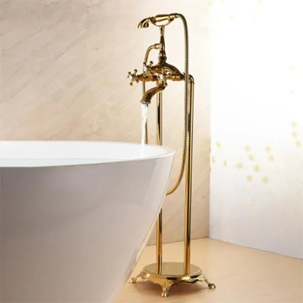 Floor Mounted Tub Spout 3 Handles Traditional Freestanding Tub Filler in Gold -Bathlova