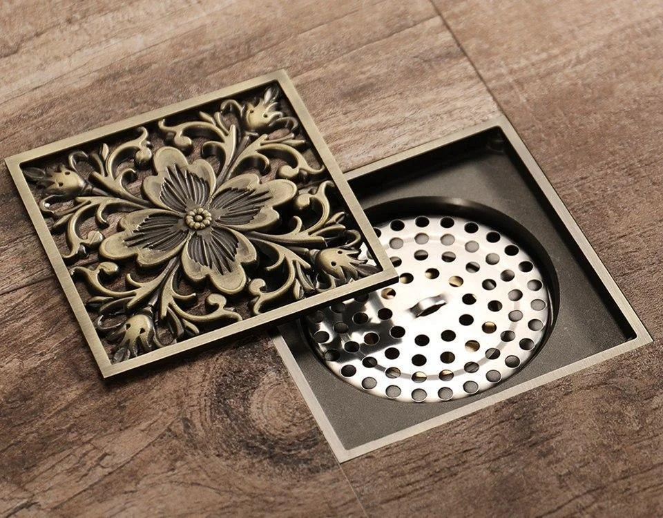 Floral Design Brass Antique Floor Drain Grate -Bathlova