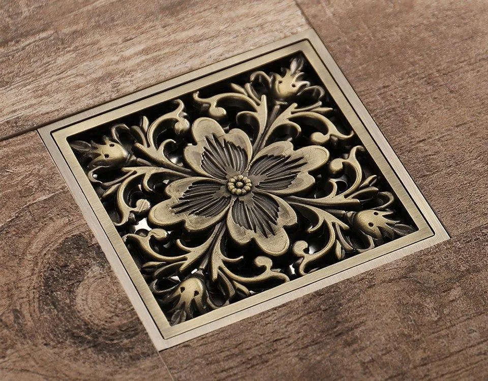 Floral Design Brass Antique Floor Drain Grate -Bathlova