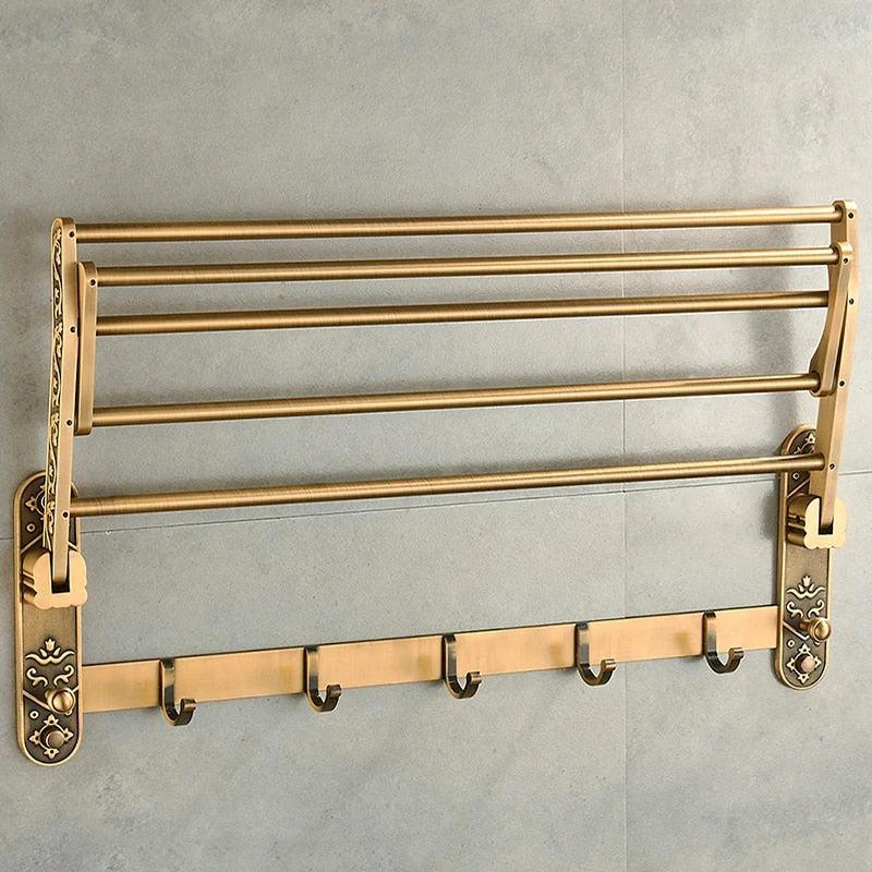 Foldable Antique Brass Towel Holder Double Towel Shelf With Hooks -Bathlova