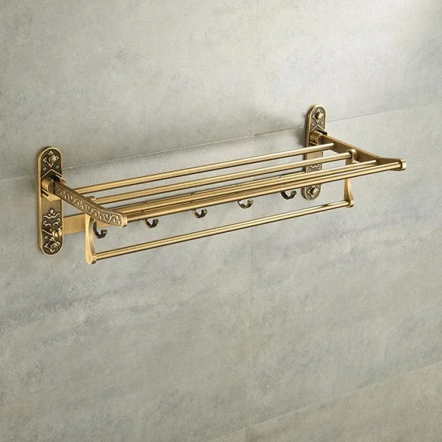 Foldable Antique Brass Towel Holder Double Towel Shelf With Hooks -Bathlova