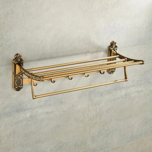 Foldable Antique Brass Towel Holder Double Towel Shelf With Hooks -Bathlova