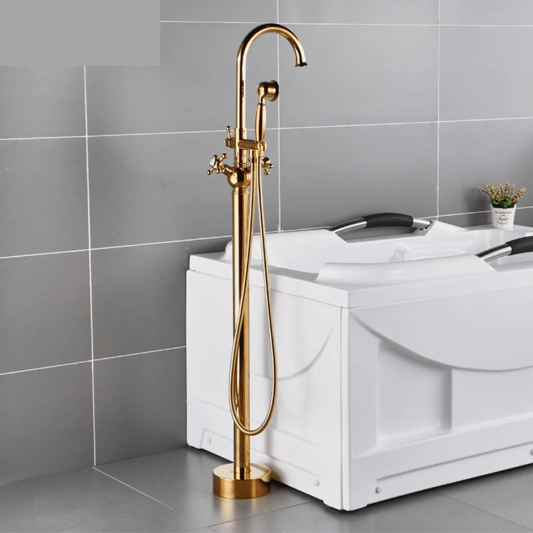 Freestanding Gold Bathtub Tap with Cross Handle -Bathlova