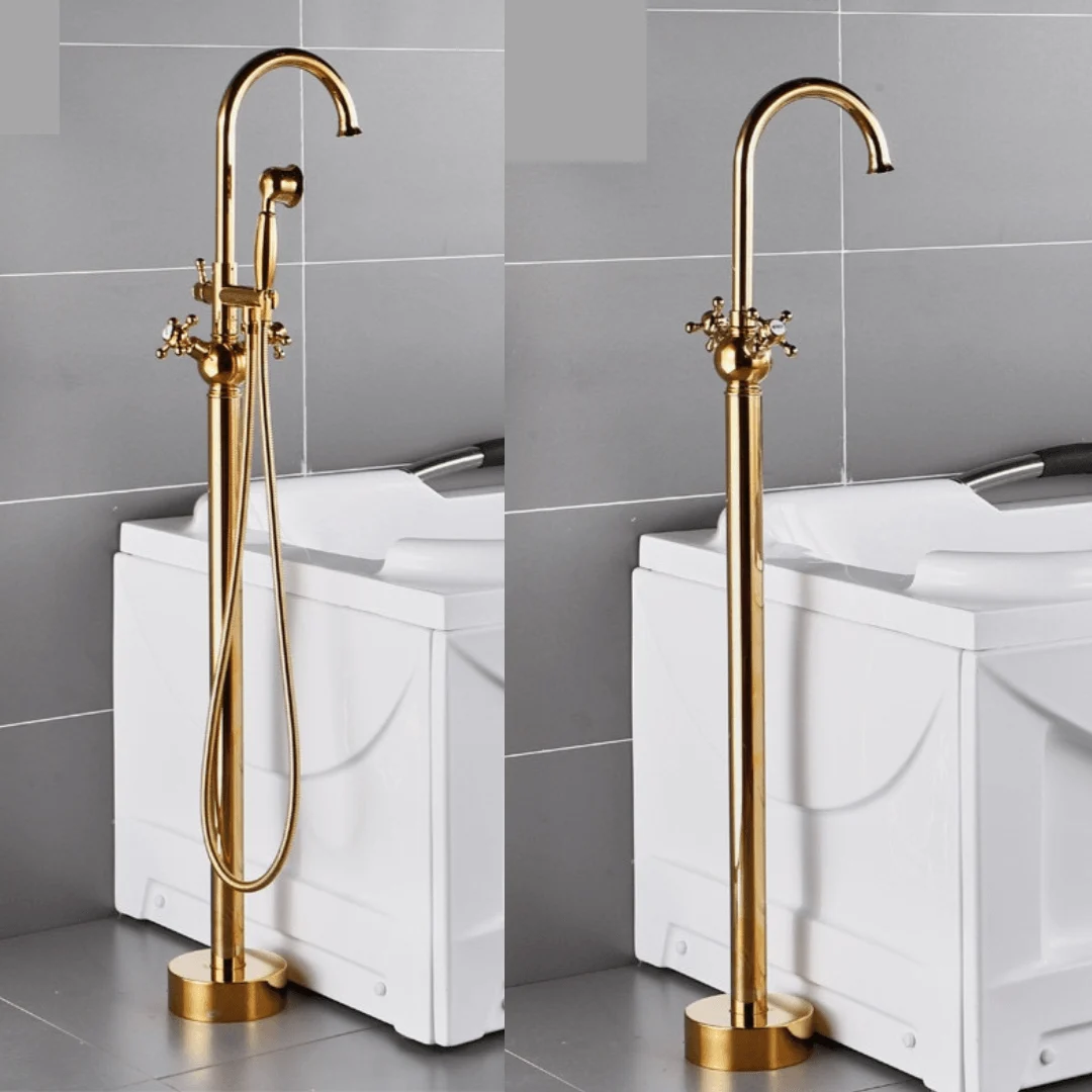 Freestanding Gold Bathtub Tap with Cross Handle -Bathlova