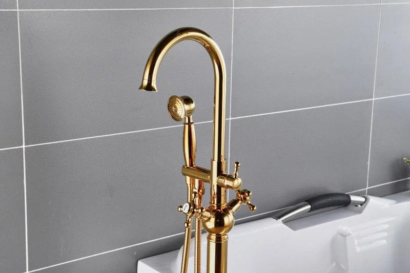 Freestanding Gold Bathtub Tap with Cross Handle -Bathlova