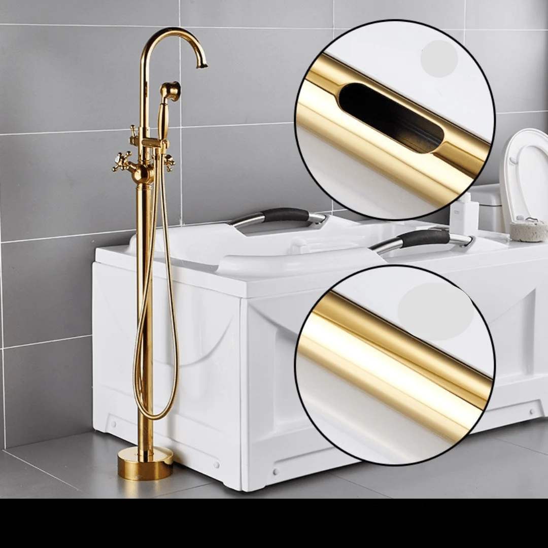 Freestanding Gold Bathtub Tap with Cross Handle -Bathlova