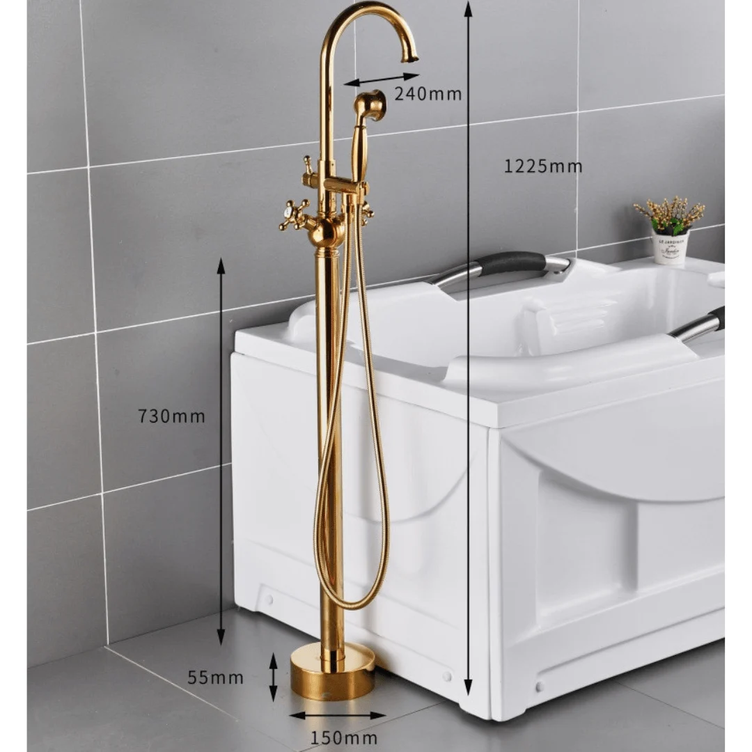 Freestanding Gold Bathtub Tap with Cross Handle -Bathlova