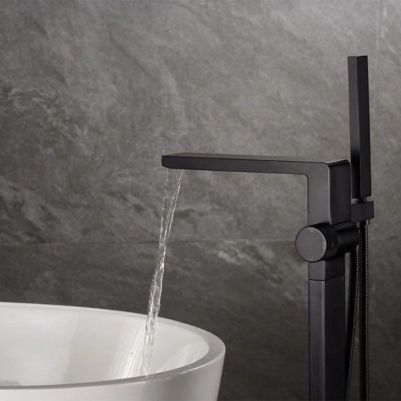 Freestanding Tub Filler Black Brass Single Knob Handle Fixed Tub Filler with Handshower -Bathlova