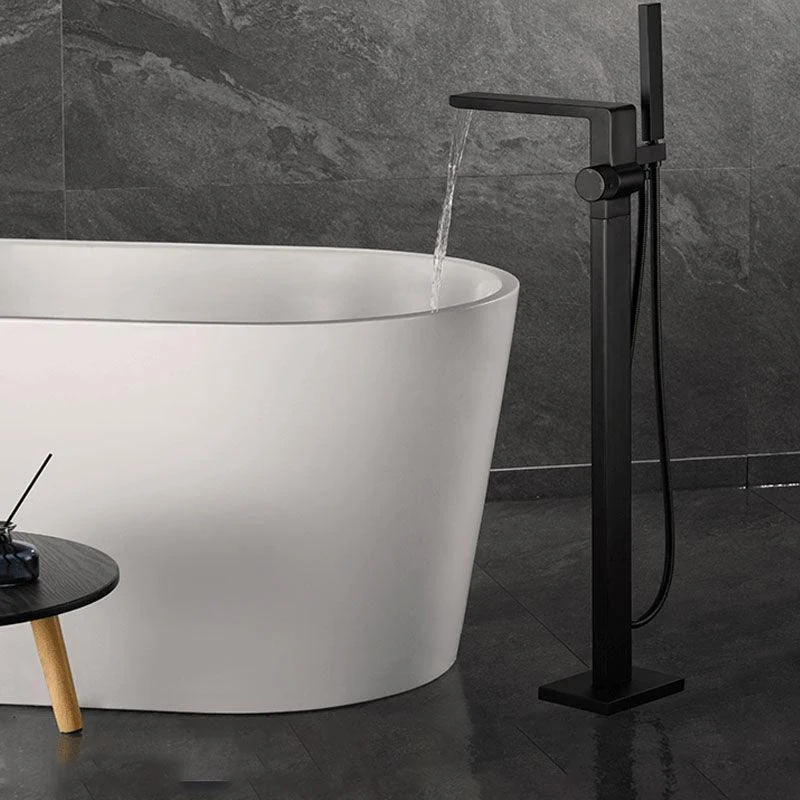 Freestanding Tub Filler Black Brass Single Knob Handle Fixed Tub Filler with Handshower -Bathlova