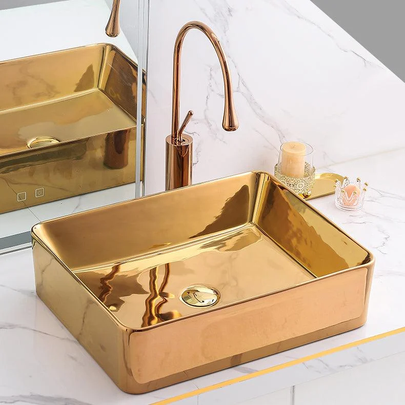 Gold Bathroom Sink Tap Contemporary Vitreous China Vessel Sink with Pop-Up Drain -Bathlova