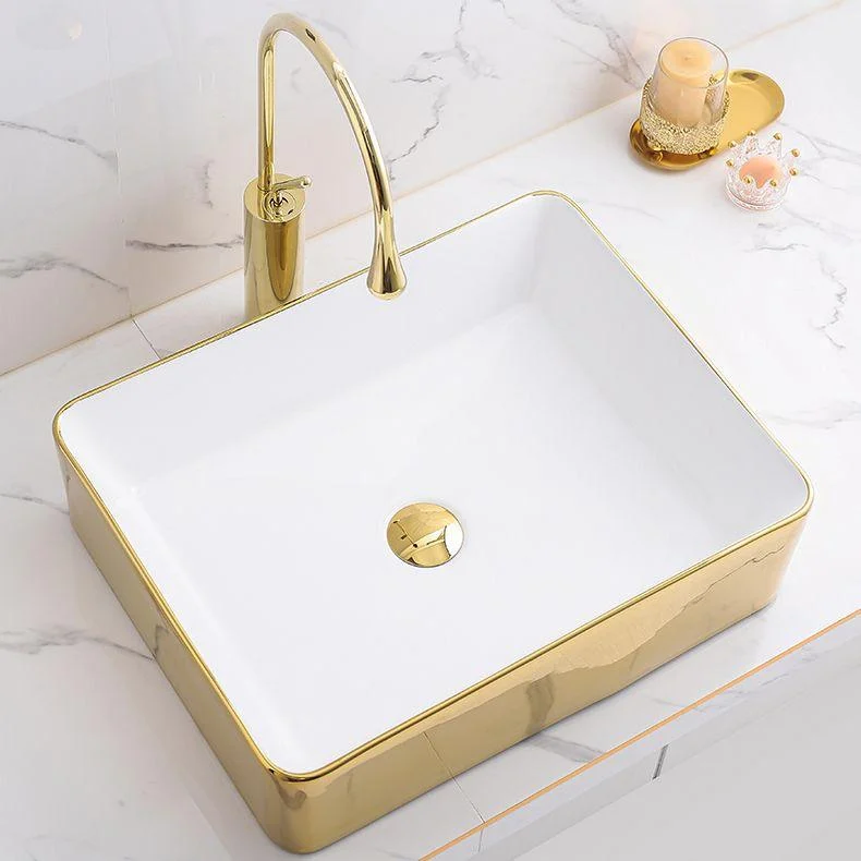 Gold Bathroom Sink Tap Contemporary Vitreous China Vessel Sink with Pop-Up Drain -Bathlova