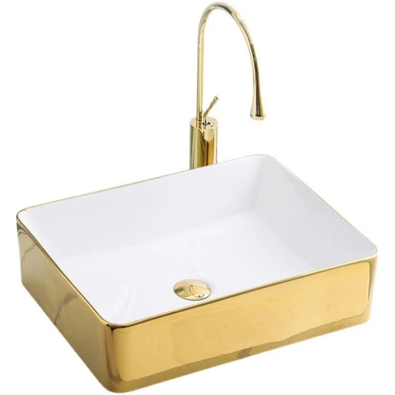 Gold Bathroom Sink Tap Contemporary Vitreous China Vessel Sink with Pop-Up Drain -Bathlova