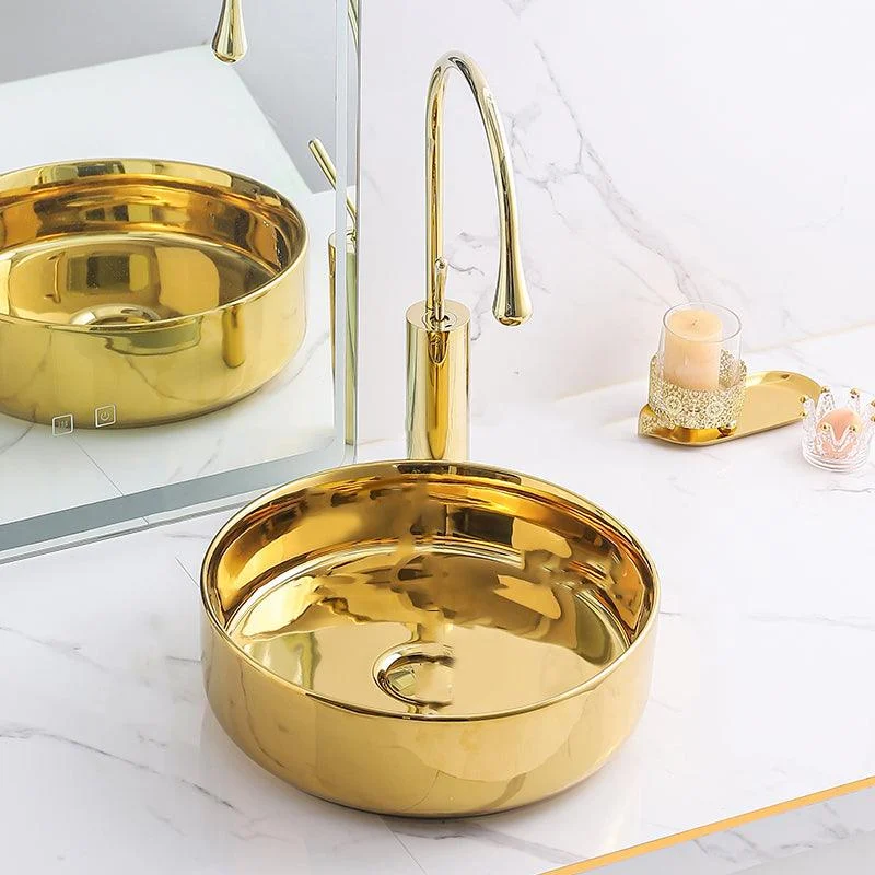 Gold Bathroom Sink Tap Contemporary Vitreous China Vessel Sink with Pop-Up Drain -Bathlova