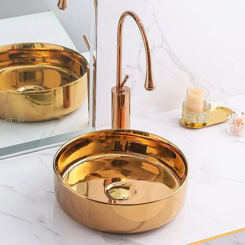 Gold Bathroom Sink Tap Contemporary Vitreous China Vessel Sink with Pop-Up Drain -Bathlova