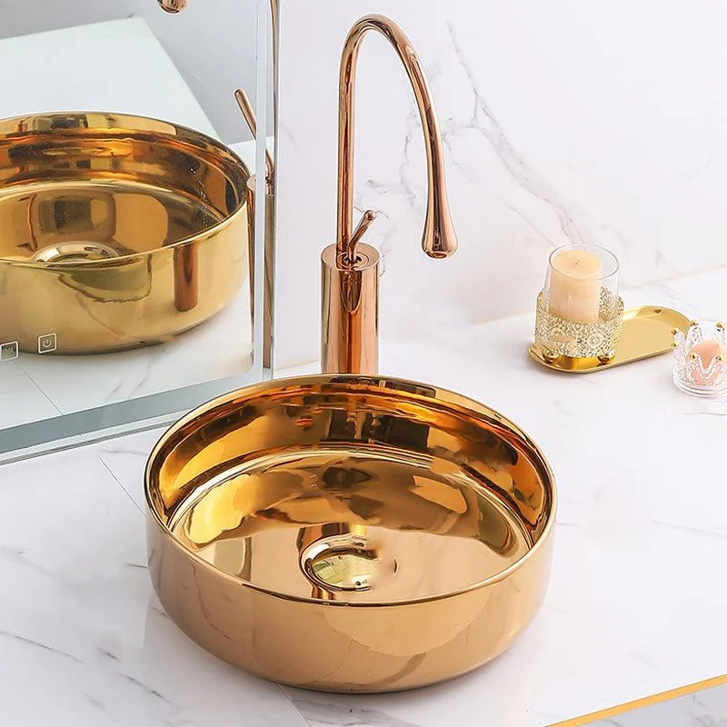 Gold Bathroom Sink Tap Contemporary Vitreous China Vessel Sink with Pop-Up Drain -Bathlova