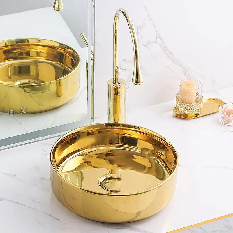 Gold Bathroom Sink Tap Contemporary Vitreous China Vessel Sink with Pop-Up Drain -Bathlova