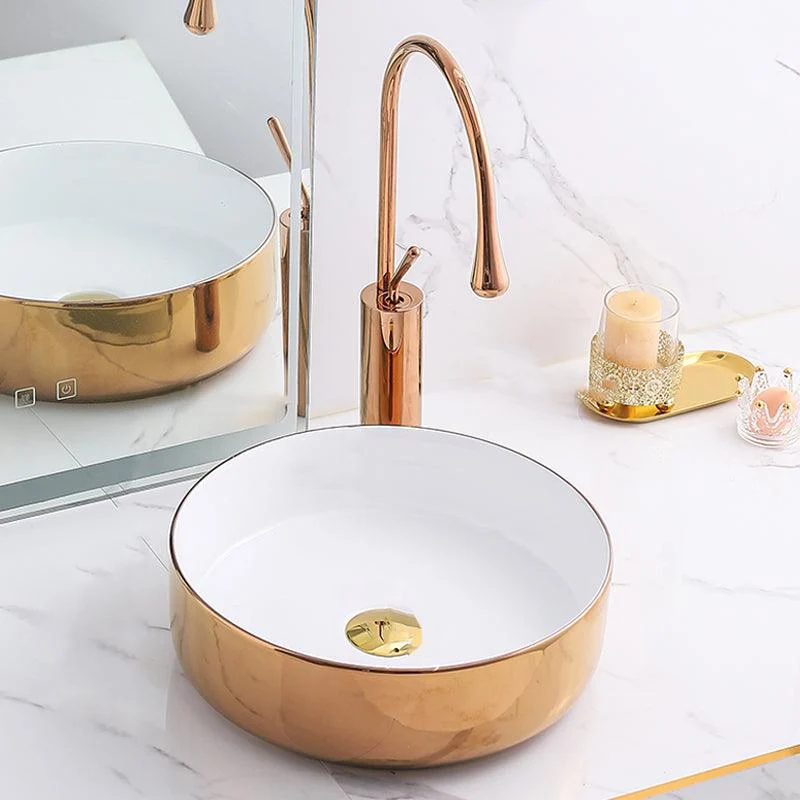 Gold Bathroom Sink Tap Contemporary Vitreous China Vessel Sink with Pop-Up Drain -Bathlova