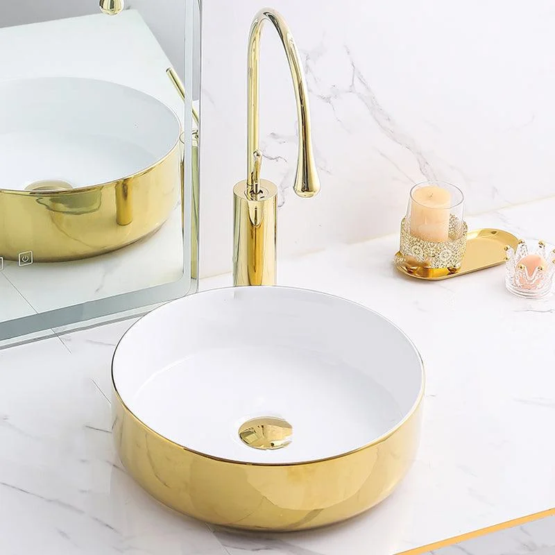 Gold Bathroom Sink Tap Contemporary Vitreous China Vessel Sink with Pop-Up Drain -Bathlova