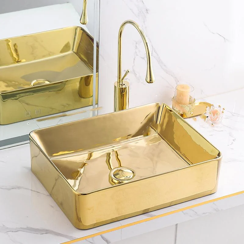 Gold Bathroom Sink Tap Contemporary Vitreous China Vessel Sink with Pop-Up Drain -Bathlova