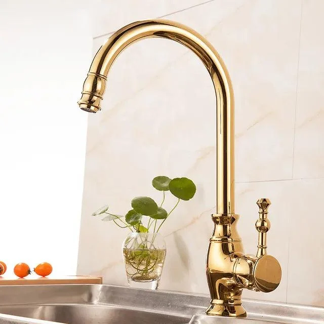 Gold Brass Kitchen Taps Sink Mixer Tap Rotating Deck Mounted Tap -Bathlova