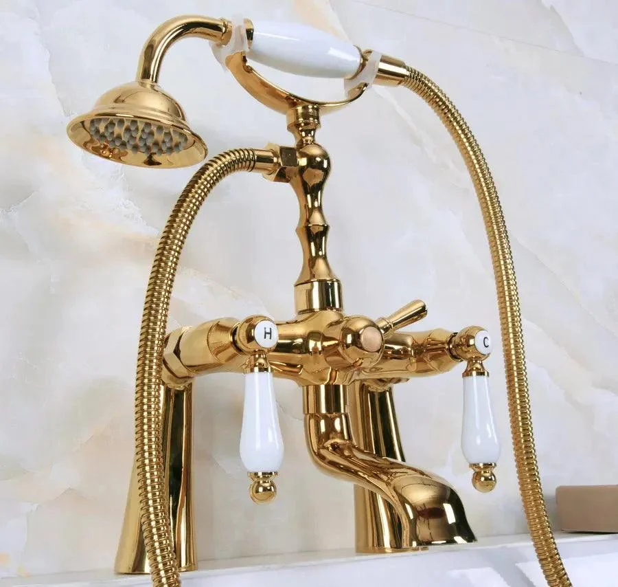 Gold Color Brass Deck Mount Bathroom Tub Tap Dual Ceramic Handles -Bathlova