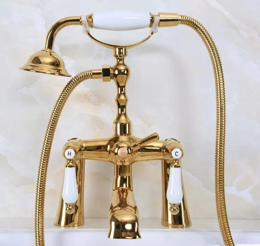 Gold Color Brass Deck Mount Bathroom Tub Tap Dual Ceramic Handles -Bathlova