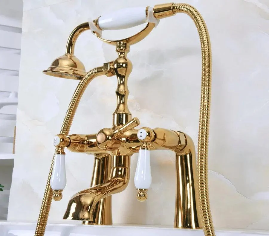 Gold Color Brass Deck Mount Bathroom Tub Tap Dual Ceramic Handles -Bathlova