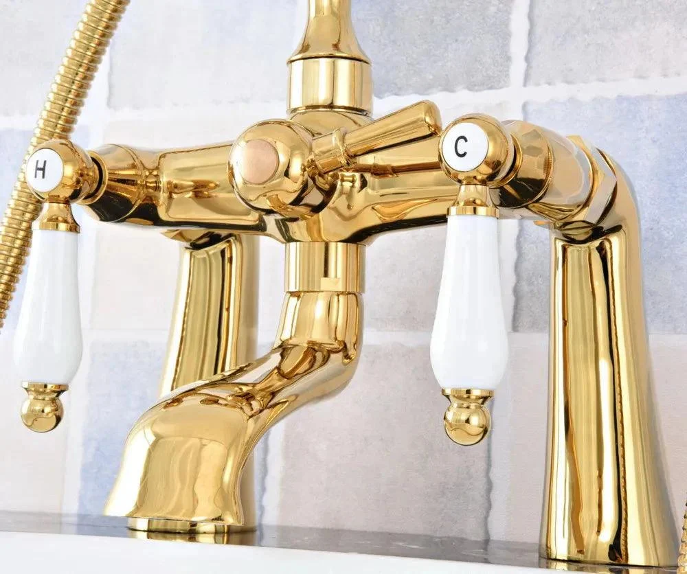 Gold Color Deck Mounted Bathroom Tap Dual Handles Telephone Style -Bathlova