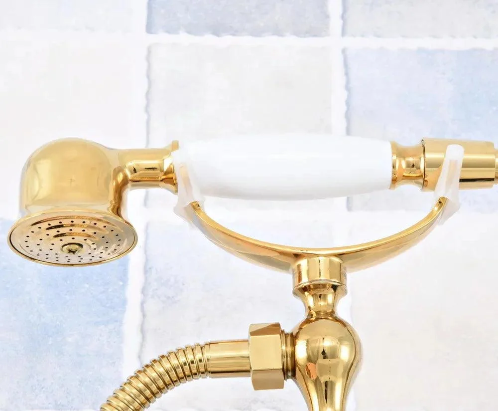 Gold Color Deck Mounted Bathroom Tap Dual Handles Telephone Style -Bathlova