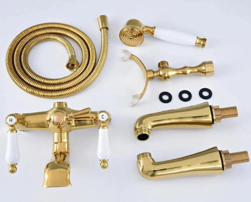 Gold Color Deck Mounted Bathroom Tap Dual Handles Telephone Style -Bathlova